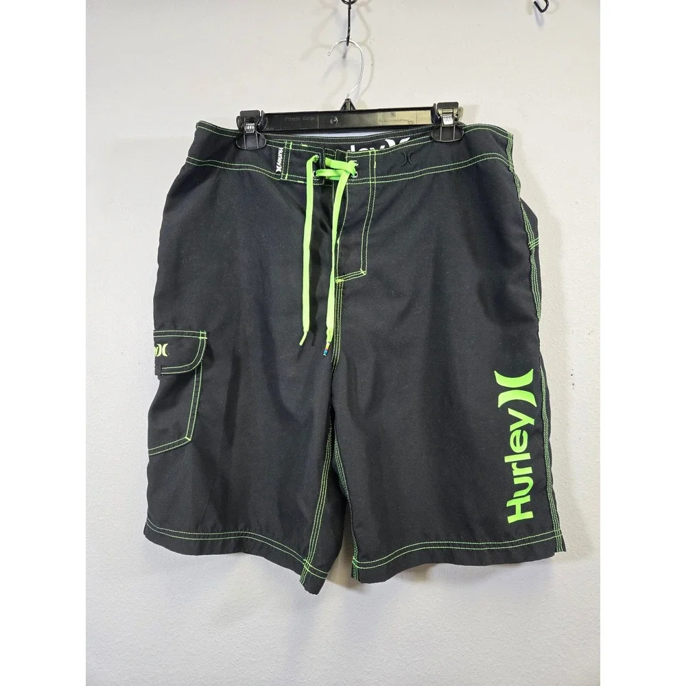 Hurley‎ Board Shorts Black Neon Green Contrast Stitch Surf Swim Trunks 34